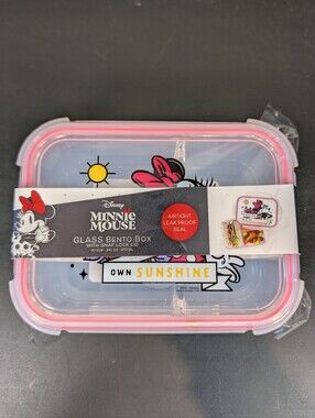 Disney Minnie Mouse Glass Bento Box 3 Compartment Snap Lock Lid 34.1oz New